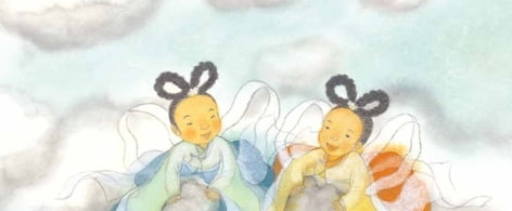 Illustration aus Hang Kang, Donnerfee und Blitzfee. Das Bild zeigt zwei kleine Feen, die vergnügt auf einer Wolke sitzen 