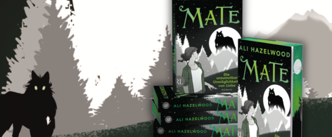 Grafik mit Covermotiv von Ali Hazelwood, Mate im Hinzergrund und Bücherstapel im Vordergrund