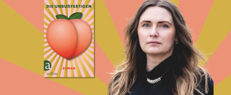 Banner mit Porträt von Elina Penner und Cover von Die Unbußfertigen