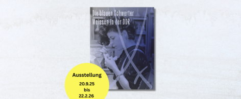 Banner mit Cover Die blauen Schwerter und Button mit Daten der Ausstellung