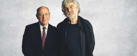 Banner mit Porträt von Gregor Gysi und Hans-Dieter Schütt