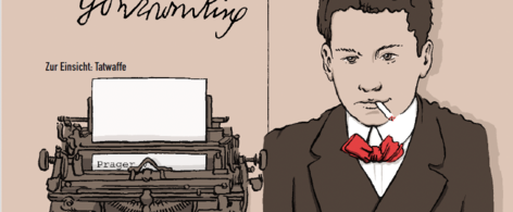 Illustration aus Egon Erwin Kisch, Prager Verbrechen. Zu sehen sind diverse Motive, u.a. ein Mann mit Zigarette, eine Schreibmaschine, ein Aktienstapel und Fingerabdrücke