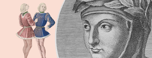 Schwarz-weiss Zeichnung von Giovanni Boccaccio mit Loorberkranz und Illustration zweier Junger Männer aus dem Covermotiv von &quot;Filocolo&quot;