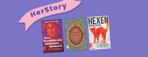 Grafik mit Lila Hintergrund, drei Covers von Büchern zum Thema weibliche Geschichtsschreibung und einem Schild mit der Schrift "HerVoice"