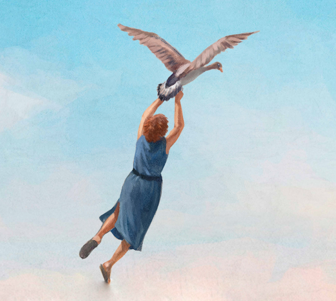 Zeichnung einer Frau, die von einem Vogel durch die Luft getragen wird
