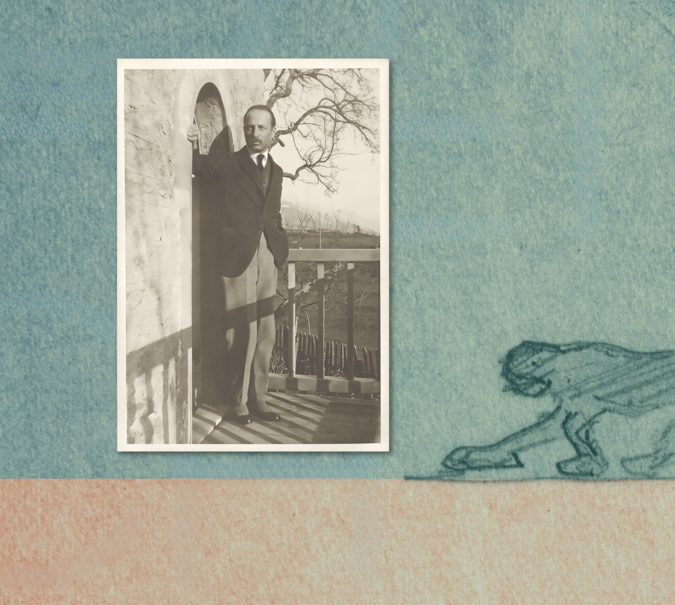 Banner mit Covermotiv von Rilke zeichnet im Hintergrund und einem Foto von Rilke in Sepia