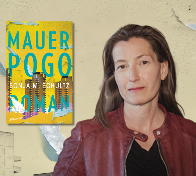 Banner mit Portrait von Sonja M. Schultz, Cover von Mauerpogo und Covermotiv von Mauerpogo im Hintergrund