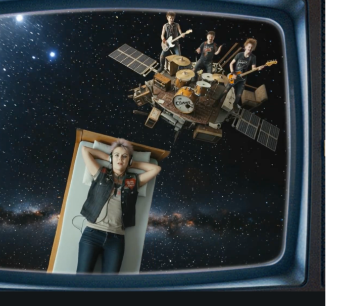 Still aus Trailer zum Song zu Mauerpogo von Sonja M. Schultz. Abgebildet wird ein Mädchen, das auf einem Bett liegt, das im Universum fliegt, dahinter eine spielende Band