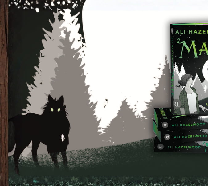 Grafik mit Covermotiv von Ali Hazelwood, Mate im Hinzergrund und Bücherstapel im Vordergrund