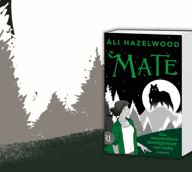 Grfik mit Mockup von Ali Hazelwood, Mate und einer Illustration mit einem Wald und einem Wolf im Hintergrund