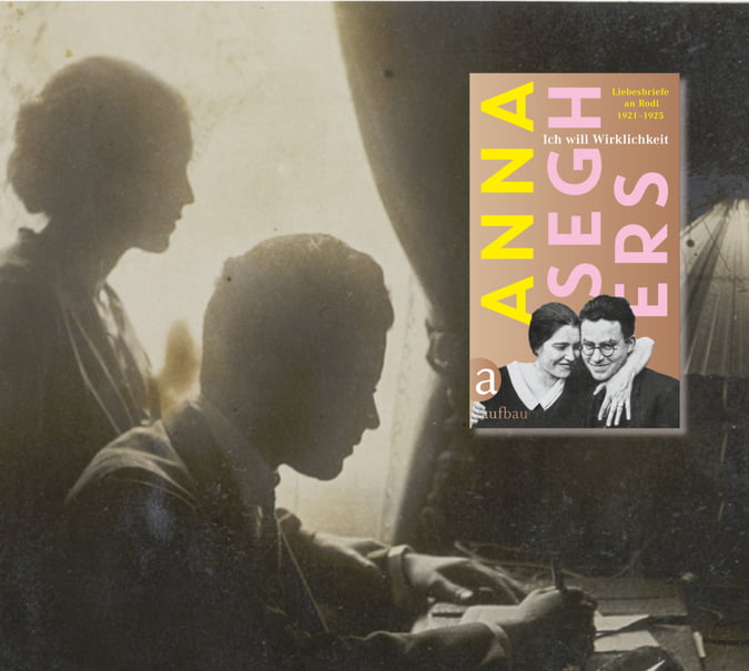 Banner mit  Schwarz-weiss Foto von Netty Reiling und Rodi. Er sitzt am Schreibtisch und schreibt, sie steht hinter ihm, beide im Profil. Außerdem Cover von Ich will Wirklichkeit