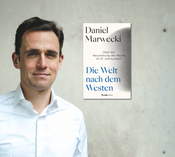 Banner mit Porträt von Daniel Marwecki und Cover von Die Welt nach dem Westen