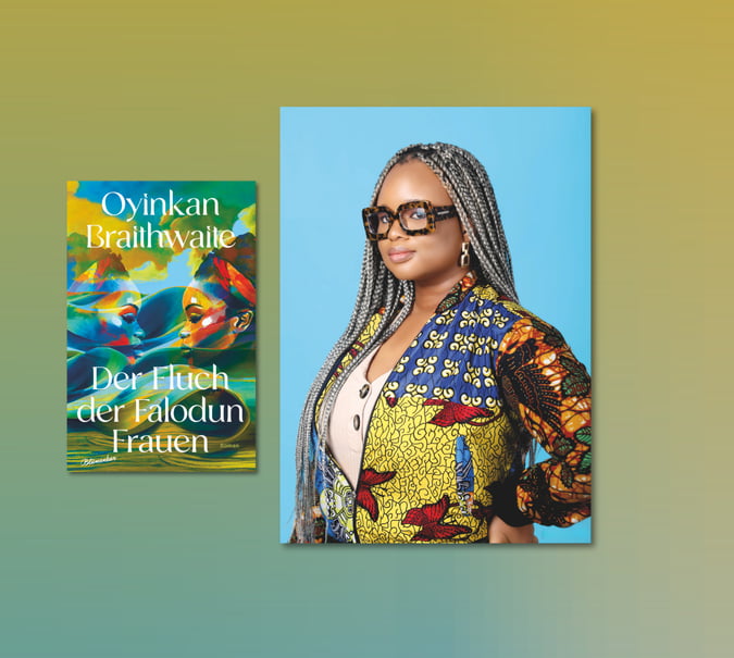 Banner mit Portrait von Oyinkan Braithwaite und Cover von Der Fluch der Falodun Frauen