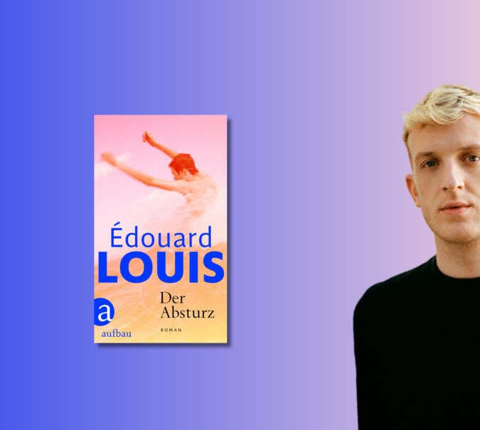 Grafik mit Portrait von èdouard Louis und Cover von Der Absturz. Text: &quot;Édouard im Interview Teil 3&quot;