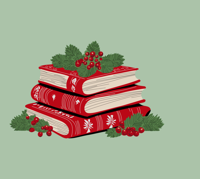 Grafik mit Illustration von drei mit einer Geschenkschleife gebundenen Büchern mit Weihnachtsdeko