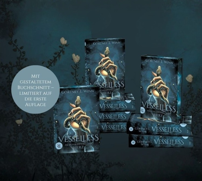 Banner mit diversen Mockups von Cortney Winn, Wesselless und Button mit dem Text &quot;&quot;Mit gestaltetem Buchschnitt  limitiert auf due erste Auflage