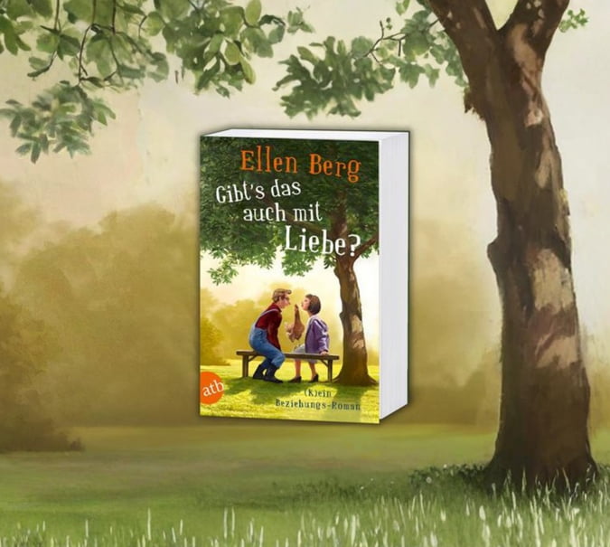 Im Hintergrund ist eine Baumlandschaft zu sehen. Im Vordergrund ist das Buch "Gibt's das auch mit Liebe"