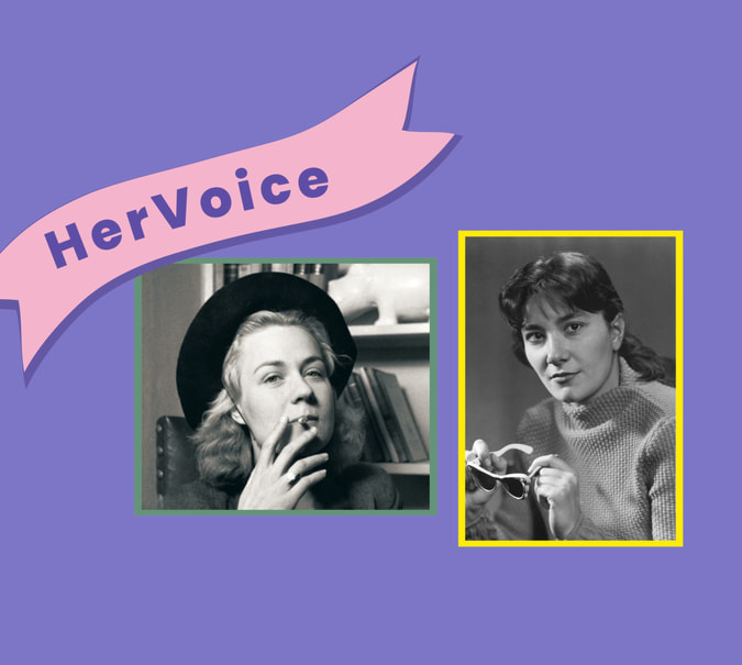 Grafik mit Lila Hintergrund, Porträts von Tove Ditlevsen und Brigitte Reimann und einem Schild mit der Schrift "HerStory"