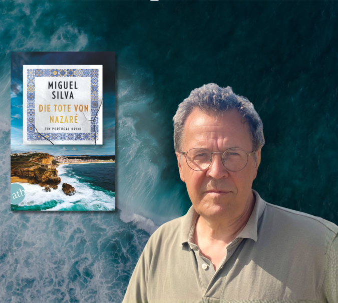 Banner mit Meer im Hintergrund und Porträt von Miguel Silva und Cover von Die Tote von Nazare im Vordergrund