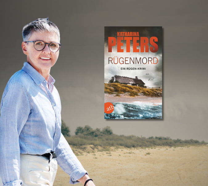 Banner mit Katharina peters am Meer und Cover von Rügenmord