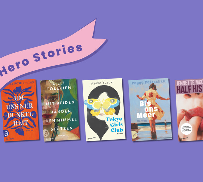 Grafik mit Lila Hintergrund, drei Covers von Büchern mit starken weiblichen Protagonisten und einem Schild mit der Schrift "sHero Stories"