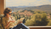 Illustration einer jungen Frau, die ein Buch liest. Im Hintergrund eine italienische Landschaft.