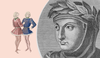 Schwarz-weiss Zeichnung von Giovanni Boccaccio mit Loorberkranz und Illustration zweier Junger Männer aus dem Covermotiv von &quot;Filocolo&quot;